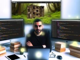 Selbstbewusster Entwickler vor Monitoren mit Code-Editoren und Eleventy-Frontend, im Hintergrund ein unscharfes, überwuchertes WordPress-Dashboard.