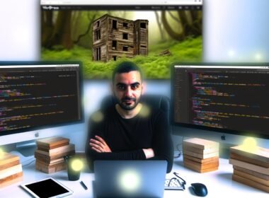 Selbstbewusster Entwickler vor Monitoren mit Code-Editoren und Eleventy-Frontend, im Hintergrund ein unscharfes, überwuchertes WordPress-Dashboard.