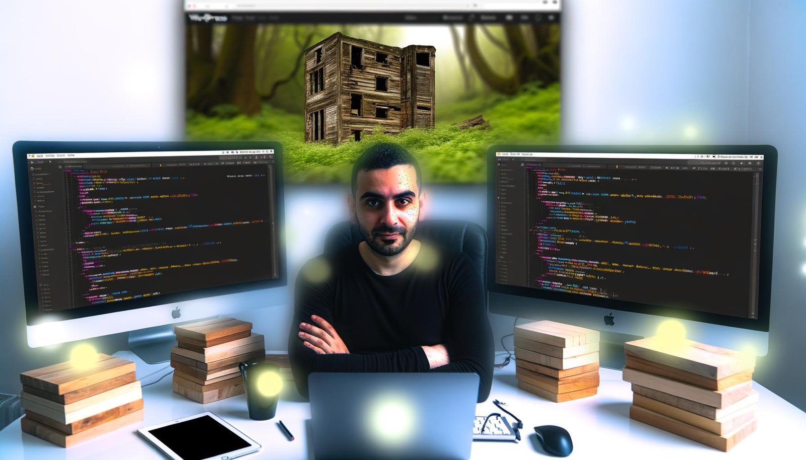 Selbstbewusster Entwickler vor Monitoren mit Code-Editoren und Eleventy-Frontend, im Hintergrund ein unscharfes, überwuchertes WordPress-Dashboard.