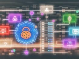 Futuristisches Titelbild mit Serverracks, leuchtenden Datenströmen, bunten Layern zu Tag Management und Consent, Datenschutz-Symbolen und verblassenden Third-Party-Cookies.