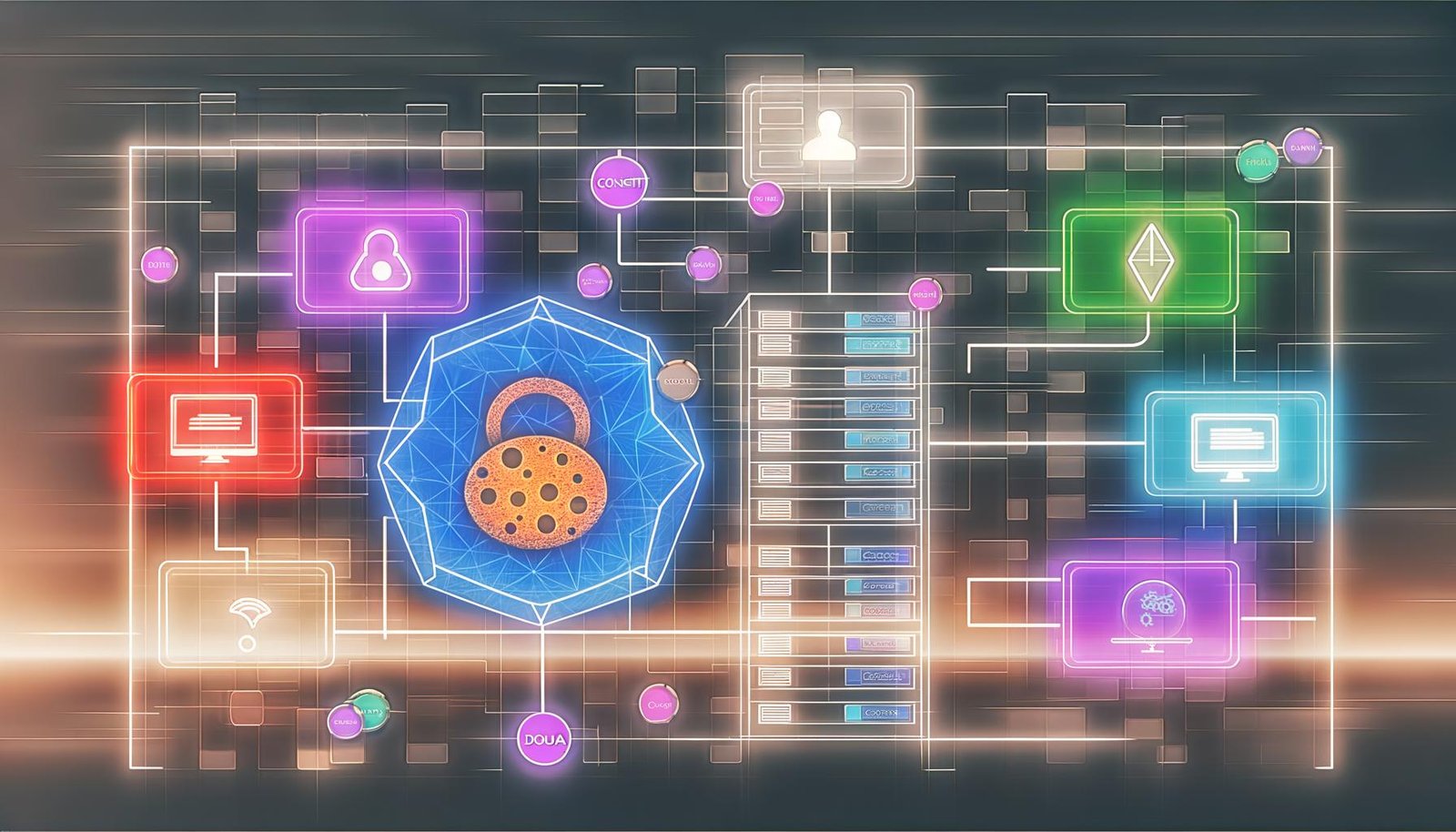 Futuristisches Titelbild mit Serverracks, leuchtenden Datenströmen, bunten Layern zu Tag Management und Consent, Datenschutz-Symbolen und verblassenden Third-Party-Cookies.