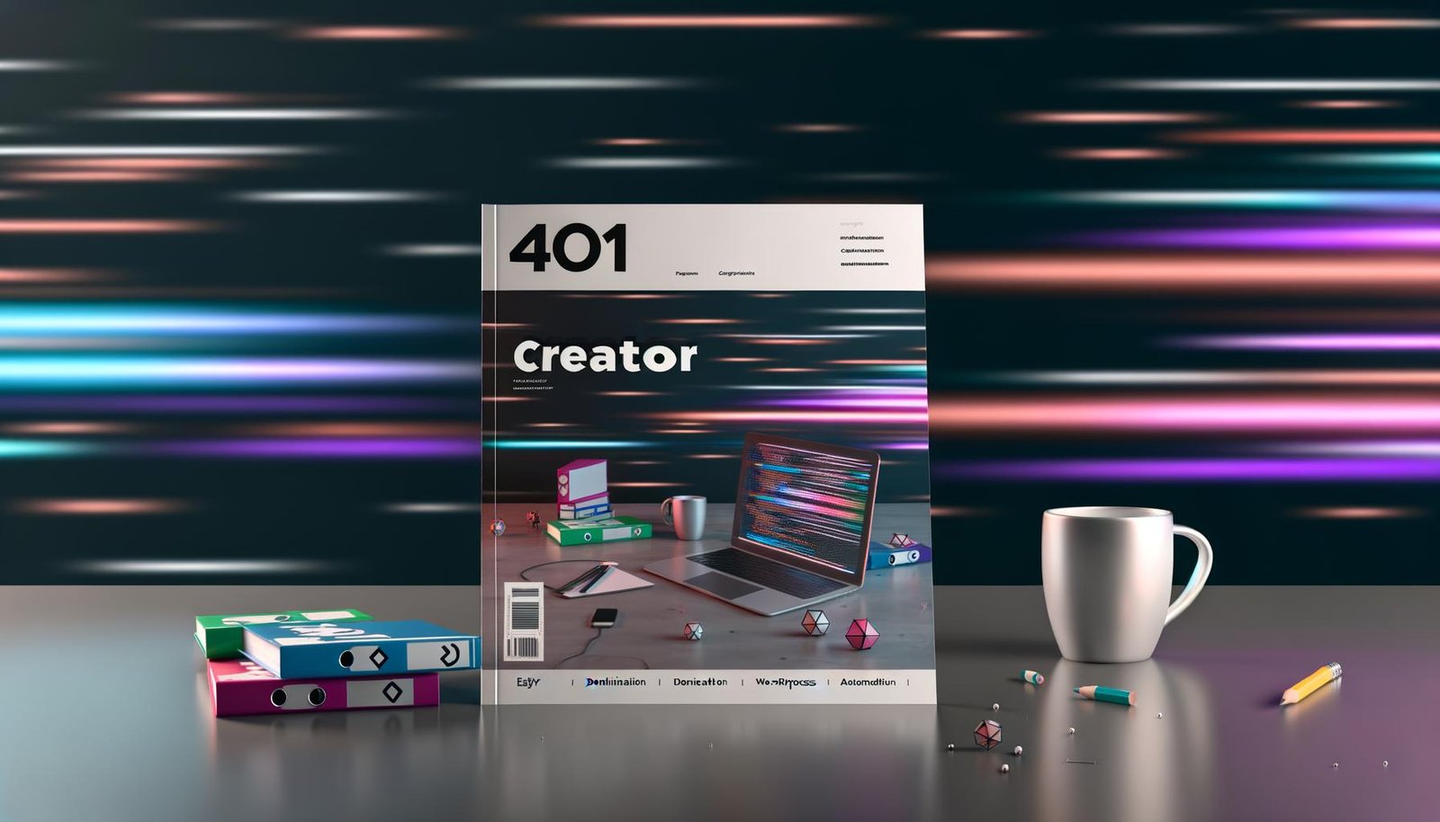 Magazincover zeigt einen modernen Creator am aufgeräumten Arbeitsplatz mit Eleventy-Interface, Organisier-Ordnern und dynamischem Digital-Workflow auf hellem Hintergrund. Ausgeblendete alte CMS-Logos sorgen für Kontrast.