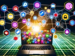 Stilisiertes Netzwerk aus Tracking-Pixeln, Datenströmen, App-Icons und Ad Blocker-Symbolen auf einem Laptop-Screen in einer digitalen Business-Umgebung, das die Komplexität moderner Ad Tracking Systeme und Datenschutz-Hürden visualisiert.