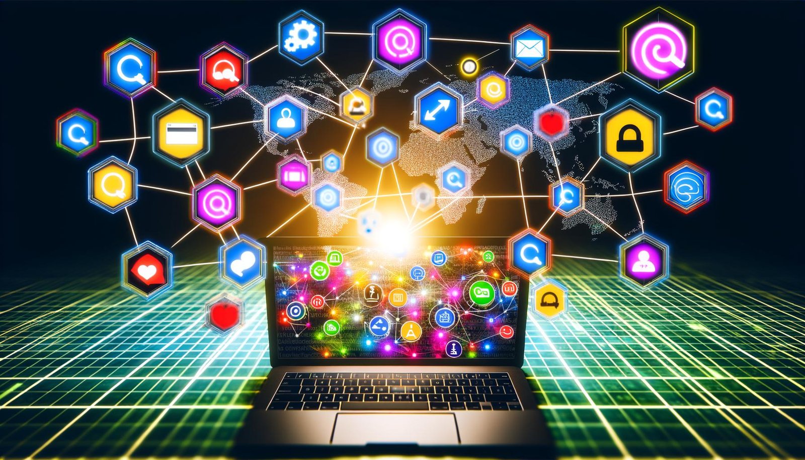 Stilisiertes Netzwerk aus Tracking-Pixeln, Datenströmen, App-Icons und Ad Blocker-Symbolen auf einem Laptop-Screen in einer digitalen Business-Umgebung, das die Komplexität moderner Ad Tracking Systeme und Datenschutz-Hürden visualisiert.