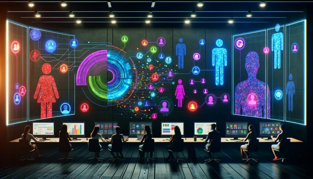 Illustration eines modernen Büros mit Marketer-Teams, futuristischen Interfaces, KI-basierten Empfehlungen, bunten Avataren und leuchtenden Datenströmen zu verschiedenen Endgeräten.