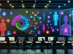 Illustration eines modernen Büros mit Marketer-Teams, futuristischen Interfaces, KI-basierten Empfehlungen, bunten Avataren und leuchtenden Datenströmen zu verschiedenen Endgeräten.