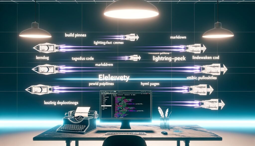 Futuristischer Entwicklertisch mit mehreren Bildschirmen, auf denen schnelle Build-Prozesse und Deployments zu sehen sind. Digitales Fließband für ultraschnelle statische HTML-Seiten aus Eleventy, alte CMS-Symbole werden abgelöst.
