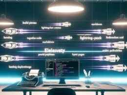 Futuristischer Entwicklertisch mit mehreren Bildschirmen, auf denen schnelle Build-Prozesse und Deployments zu sehen sind. Digitales Fließband für ultraschnelle statische HTML-Seiten aus Eleventy, alte CMS-Symbole werden abgelöst.