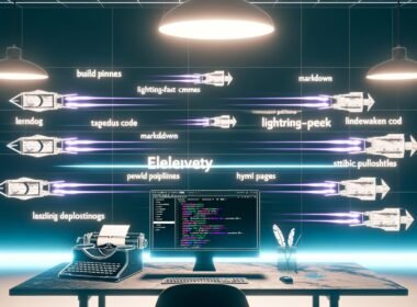 Futuristischer Entwicklertisch mit mehreren Bildschirmen, auf denen schnelle Build-Prozesse und Deployments zu sehen sind. Digitales Fließband für ultraschnelle statische HTML-Seiten aus Eleventy, alte CMS-Symbole werden abgelöst.