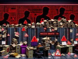 Überladene Illustration zur NetzDG-Debatte mit Aktenmauer, frustrierten Moderatoren, gestressten Politikern, Social-Media-Logos mit Warnschildern, Serverraum und Transparenzberichten.