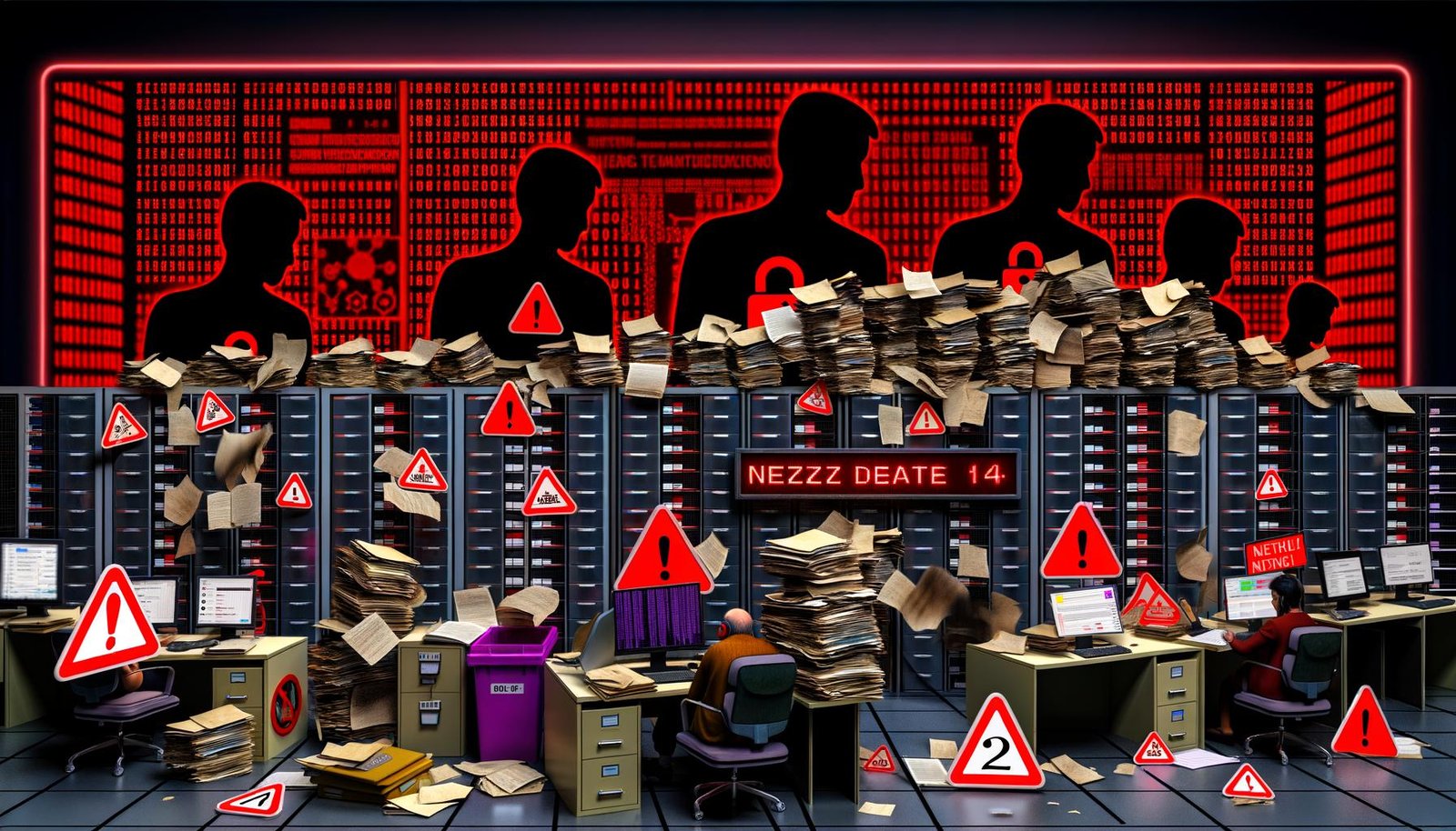 Überladene Illustration zur NetzDG-Debatte mit Aktenmauer, frustrierten Moderatoren, gestressten Politikern, Social-Media-Logos mit Warnschildern, Serverraum und Transparenzberichten.