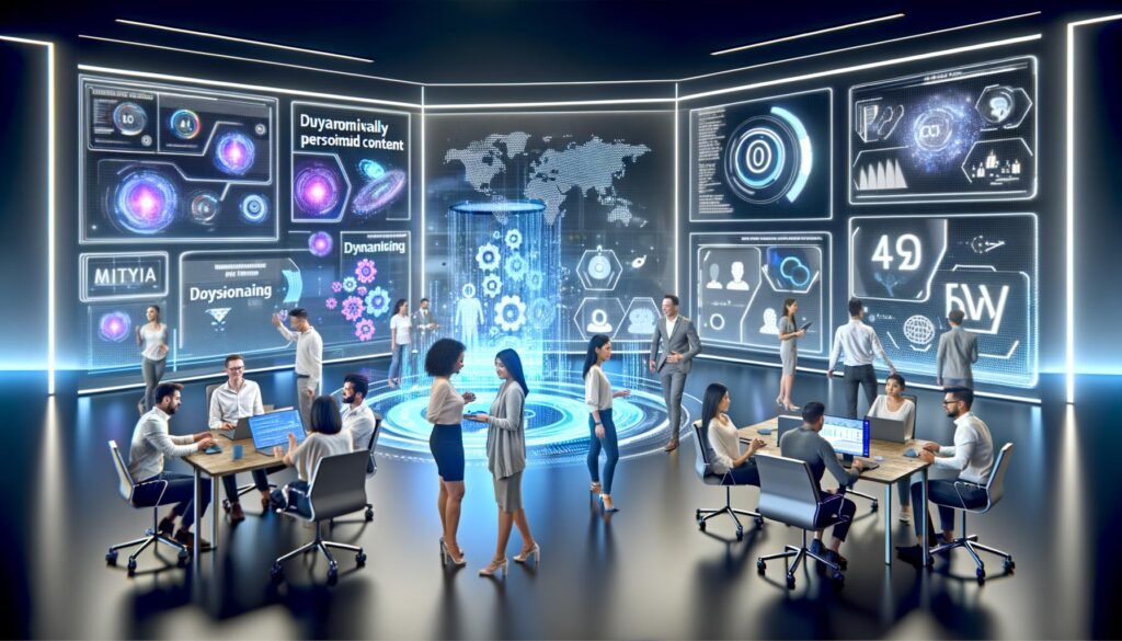 Modernes Büro einer futuristischen Marketing-Agentur mit großen Bildschirmen, auf denen Datenvisualisierungen und personalisierte Inhalte für verschiedene Nutzer angezeigt werden. Ein diverses Team arbeitet gemeinsam, umgeben von holografischen Grafiken und KI-Icons.