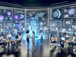 Modernes Büro einer futuristischen Marketing-Agentur mit großen Bildschirmen, auf denen Datenvisualisierungen und personalisierte Inhalte für verschiedene Nutzer angezeigt werden. Ein diverses Team arbeitet gemeinsam, umgeben von holografischen Grafiken und KI-Icons.