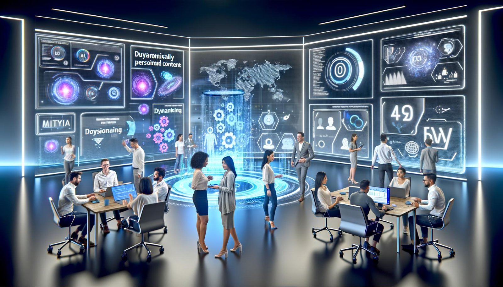 Modernes Büro einer futuristischen Marketing-Agentur mit großen Bildschirmen, auf denen Datenvisualisierungen und personalisierte Inhalte für verschiedene Nutzer angezeigt werden. Ein diverses Team arbeitet gemeinsam, umgeben von holografischen Grafiken und KI-Icons.