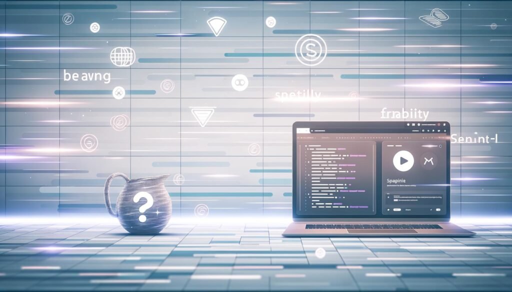 Illustration eines modernen digitalen Arbeitsplatzes mit Laptop, Headless CMS-Dashboard (Contentful, Sanity, Strapi) und Symbolen für Geschwindigkeit, SEO und Flexibilität auf blau-weißem Hintergrund.