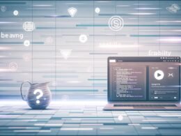 Illustration eines modernen digitalen Arbeitsplatzes mit Laptop, Headless CMS-Dashboard (Contentful, Sanity, Strapi) und Symbolen für Geschwindigkeit, SEO und Flexibilität auf blau-weißem Hintergrund.