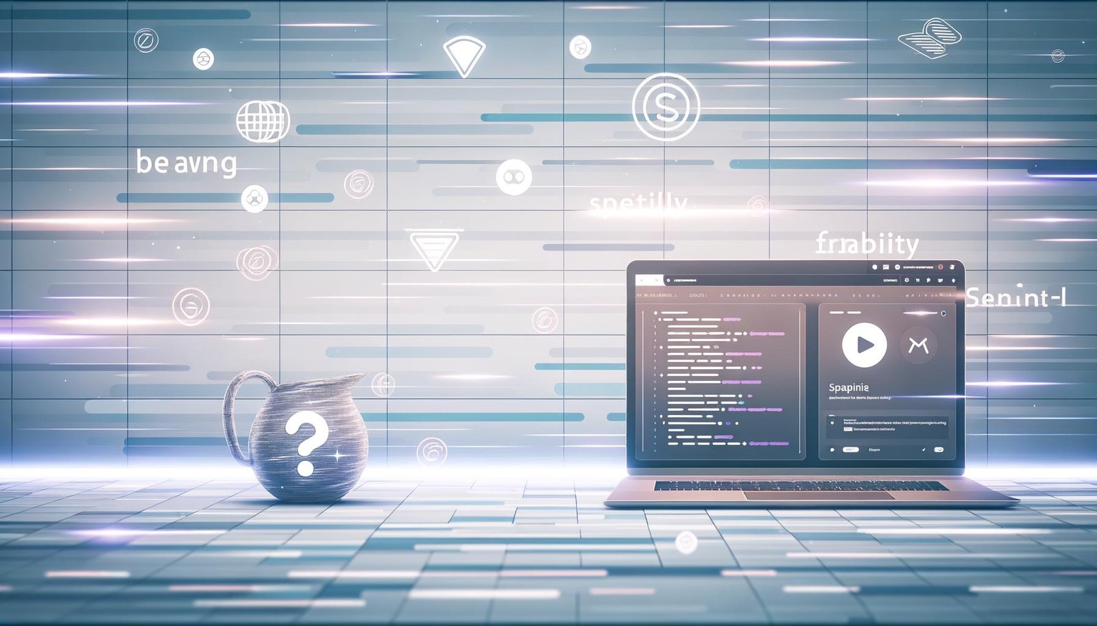 Illustration eines modernen digitalen Arbeitsplatzes mit Laptop, Headless CMS-Dashboard (Contentful, Sanity, Strapi) und Symbolen für Geschwindigkeit, SEO und Flexibilität auf blau-weißem Hintergrund.