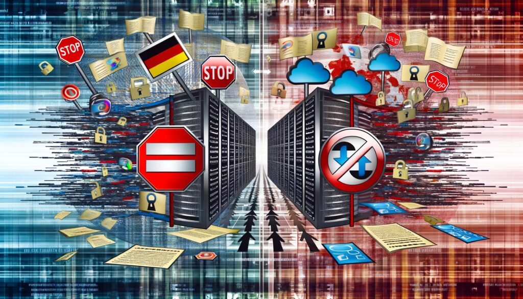 Dramatisches Titelbild zur NetzDG-Debatte: Abstrakte Gruppen symbolisieren Zensur und Freiheit, dazwischen ein chaotischer Scherbenhaufen aus Codes, Gesetzen und Social Media-Symbolen, im Hintergrund moderne Server und Flaggen.