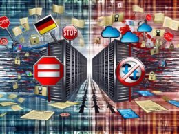 Dramatisches Titelbild zur NetzDG-Debatte: Abstrakte Gruppen symbolisieren Zensur und Freiheit, dazwischen ein chaotischer Scherbenhaufen aus Codes, Gesetzen und Social Media-Symbolen, im Hintergrund moderne Server und Flaggen.