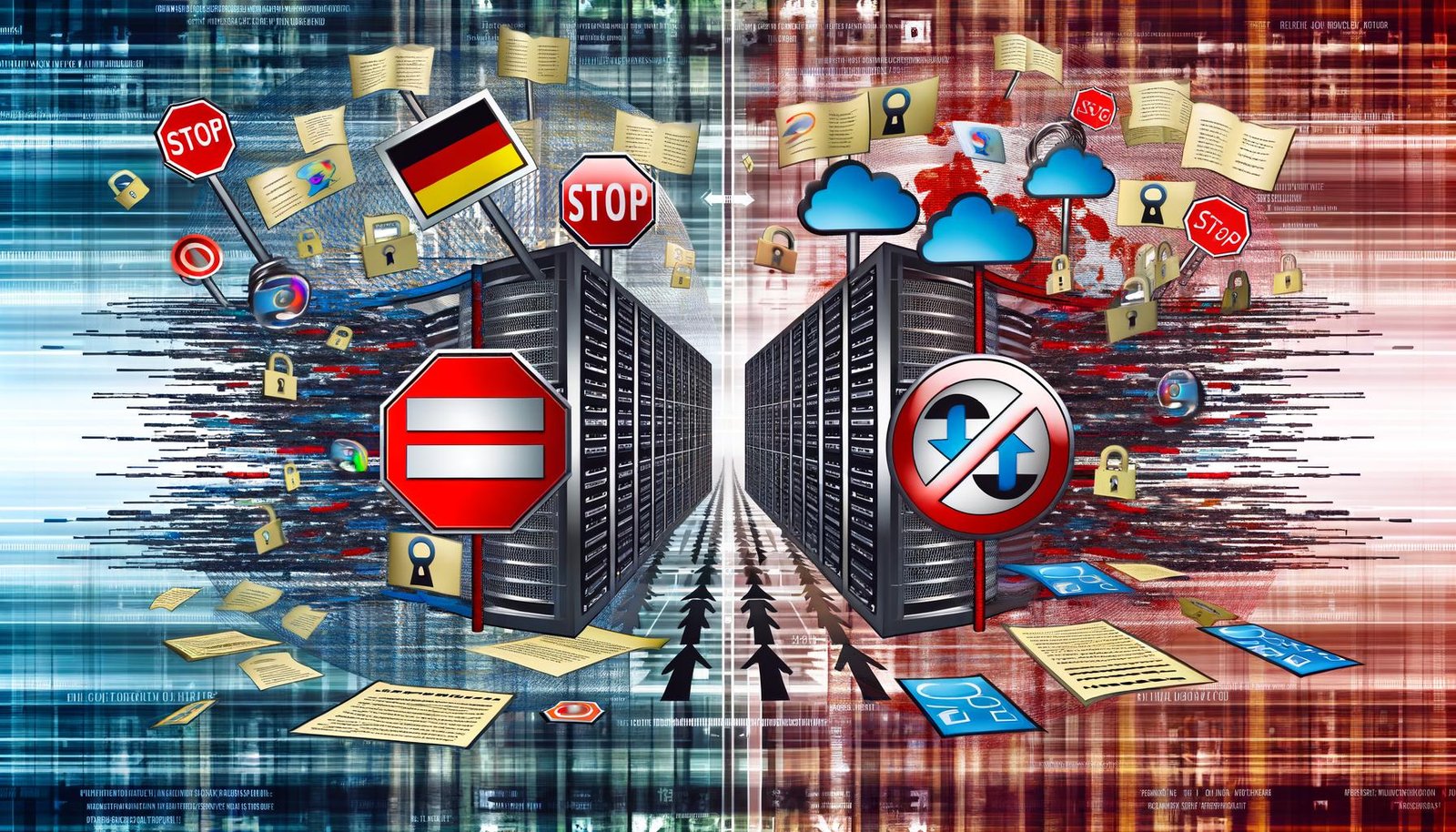 Dramatisches Titelbild zur NetzDG-Debatte: Abstrakte Gruppen symbolisieren Zensur und Freiheit, dazwischen ein chaotischer Scherbenhaufen aus Codes, Gesetzen und Social Media-Symbolen, im Hintergrund moderne Server und Flaggen.