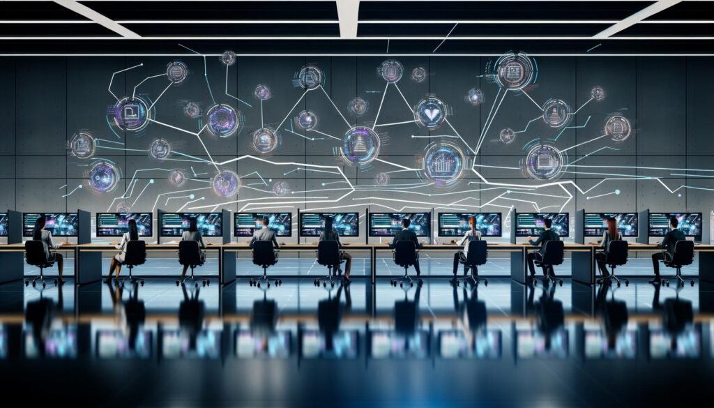 Hochmoderne Büroszene mit digitalen Arbeitsstationen, personalisierten Dashboards, holografischen Datenströmen und KI-gestütztem Content-Management.