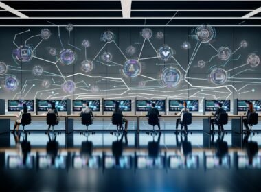 Hochmoderne Büroszene mit digitalen Arbeitsstationen, personalisierten Dashboards, holografischen Datenströmen und KI-gestütztem Content-Management.