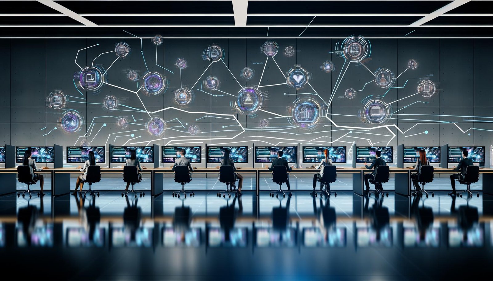 Hochmoderne Büroszene mit digitalen Arbeitsstationen, personalisierten Dashboards, holografischen Datenströmen und KI-gestütztem Content-Management.