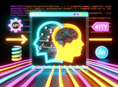 Moderne Illustration: Verschmelzung von Headless CMS-Symbol mit Eleventy-Logo, umgeben von neonfarbenen Datenströmen zu einem HTML-Dokument.