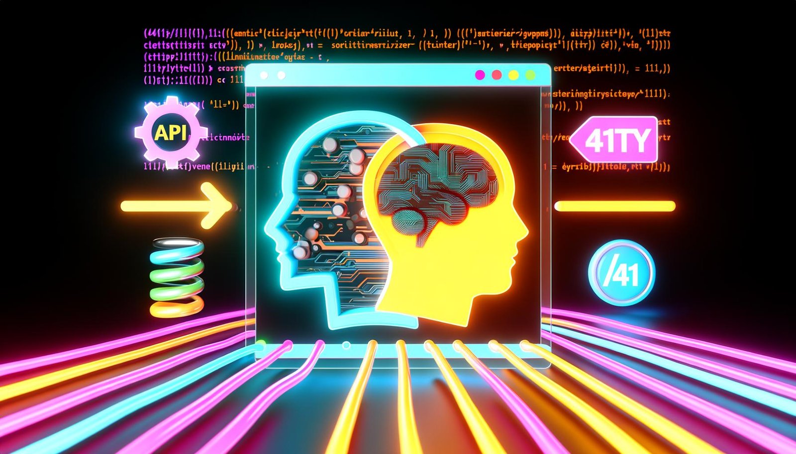 Moderne Illustration: Verschmelzung von Headless CMS-Symbol mit Eleventy-Logo, umgeben von neonfarbenen Datenströmen zu einem HTML-Dokument.