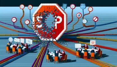 Konzeptuelle Illustration eines digitalen Stoppschilds, das von Internetdatenströmen umgangen wird. Regulatoren und User mit VPNs und Laptops sitzen an den Bildrändern; im Vordergrund zerbrechen SEO-, Traffic- und Monetarisierungssymbole.