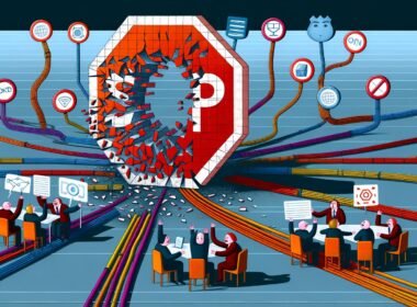 Konzeptuelle Illustration eines digitalen Stoppschilds, das von Internetdatenströmen umgangen wird. Regulatoren und User mit VPNs und Laptops sitzen an den Bildrändern; im Vordergrund zerbrechen SEO-, Traffic- und Monetarisierungssymbole.