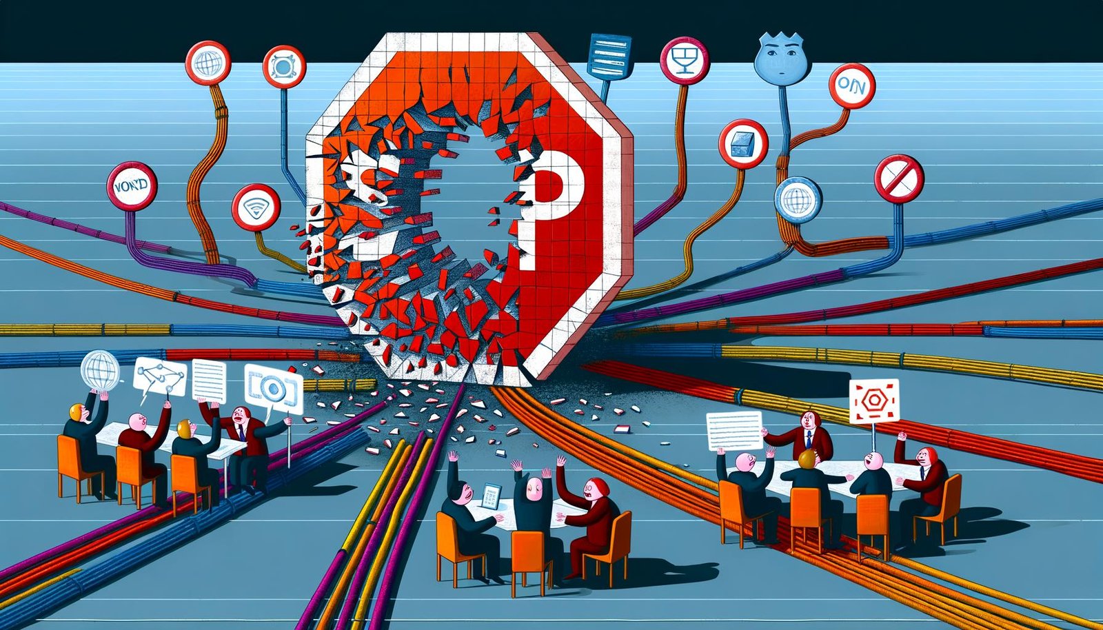 Konzeptuelle Illustration eines digitalen Stoppschilds, das von Internetdatenströmen umgangen wird. Regulatoren und User mit VPNs und Laptops sitzen an den Bildrändern; im Vordergrund zerbrechen SEO-, Traffic- und Monetarisierungssymbole.