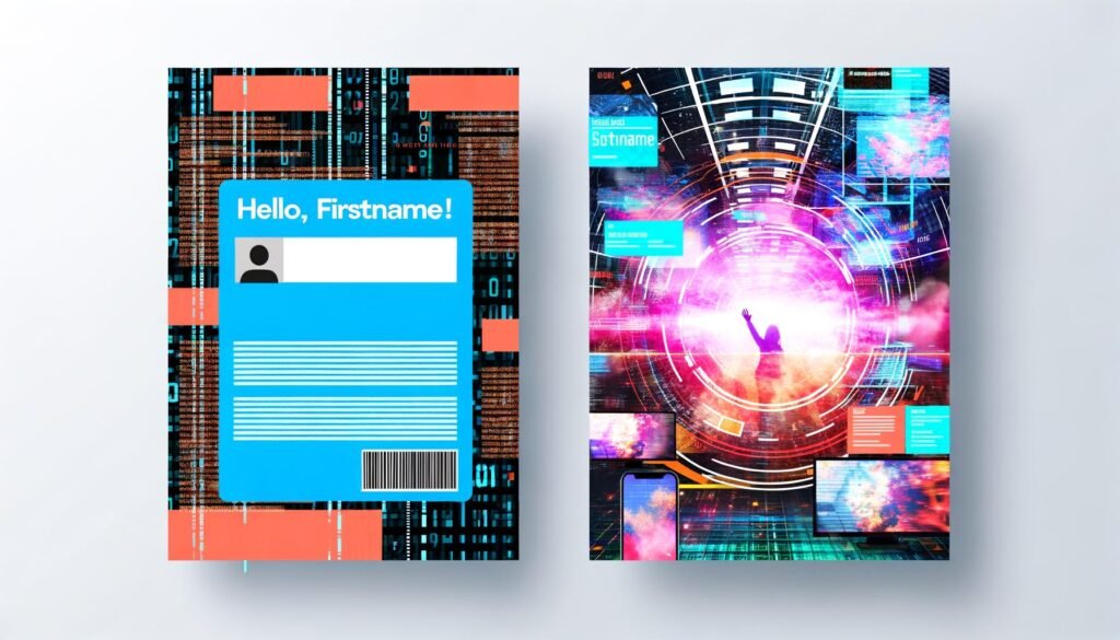 Geteilte Ansicht einer langweiligen E-Mail-Vorlage neben einer farbenfrohen, hochmodernen Szene mit Bildschirmen, personalisierten Angeboten, Echtzeitdaten und Geolokalisierung; im Hintergrund verschlungene Programmiercodes.