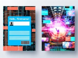 Geteilte Ansicht einer langweiligen E-Mail-Vorlage neben einer farbenfrohen, hochmodernen Szene mit Bildschirmen, personalisierten Angeboten, Echtzeitdaten und Geolokalisierung; im Hintergrund verschlungene Programmiercodes.