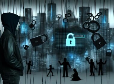 Düstere Stadt mit digitalen Gittern und Vorhängeschlössern, Person mit Kapuzenpulli vor Access Denied-Meldung, überragt von Politiker-Silhouetten mit Marionettenfäden. Kalte, cyberpunkartige Farbstimmung.