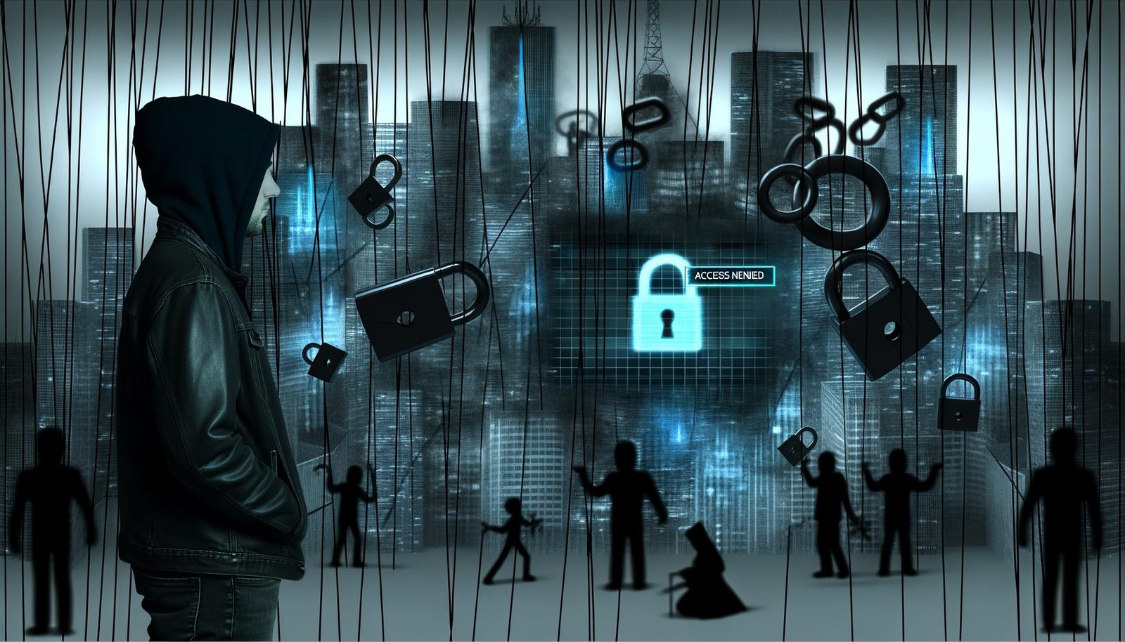 Düstere Stadt mit digitalen Gittern und Vorhängeschlössern, Person mit Kapuzenpulli vor Access Denied-Meldung, überragt von Politiker-Silhouetten mit Marionettenfäden. Kalte, cyberpunkartige Farbstimmung.