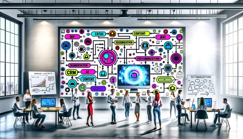 Moderne Infografik eines Content-Workflows mit jungen Marketing- und IT-Expert:innen, die im lichtdurchfluteten Büro um einen großen Monitor mit visualisierten Datenquellen, CRM-Icons und KI-Symbolen stehen.