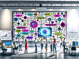 Moderne Infografik eines Content-Workflows mit jungen Marketing- und IT-Expert:innen, die im lichtdurchfluteten Büro um einen großen Monitor mit visualisierten Datenquellen, CRM-Icons und KI-Symbolen stehen.