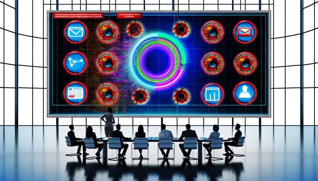 Digitale Marketing-Experten analysieren ein futuristisches, transparentes Dashboard mit Echtzeit-Kampagnendaten vor einer Kulisse aus alten Browser-Symbolen und Datenschutzhinweisen.