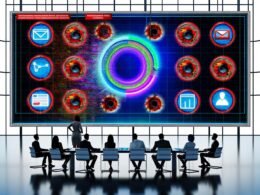 Digitale Marketing-Experten analysieren ein futuristisches, transparentes Dashboard mit Echtzeit-Kampagnendaten vor einer Kulisse aus alten Browser-Symbolen und Datenschutzhinweisen.