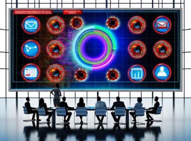 Digitale Marketing-Experten analysieren ein futuristisches, transparentes Dashboard mit Echtzeit-Kampagnendaten vor einer Kulisse aus alten Browser-Symbolen und Datenschutzhinweisen.