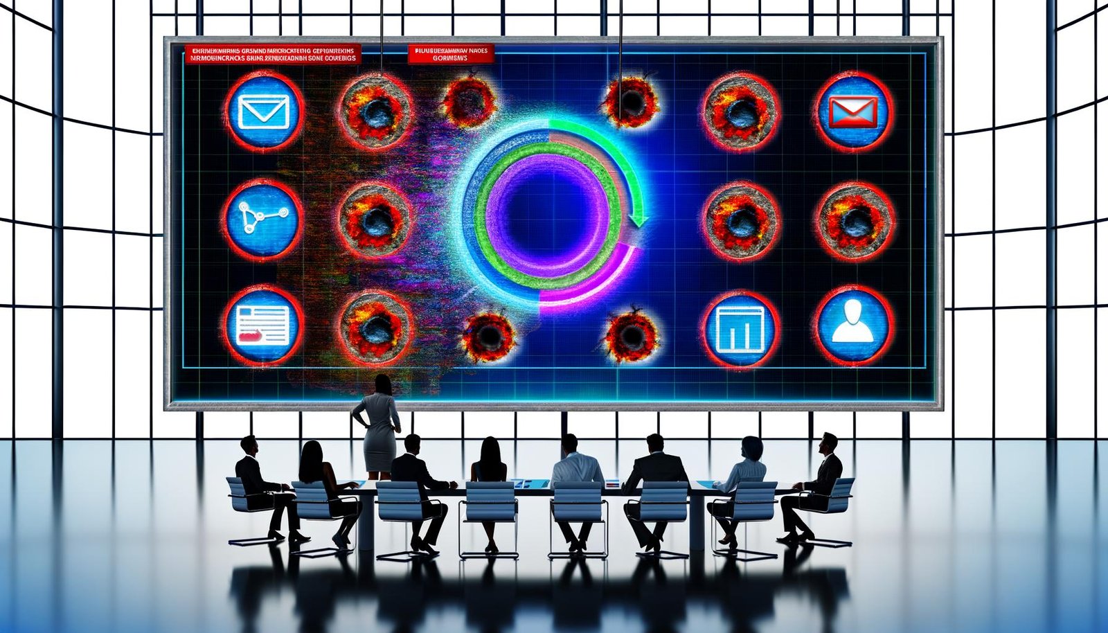 Digitale Marketing-Experten analysieren ein futuristisches, transparentes Dashboard mit Echtzeit-Kampagnendaten vor einer Kulisse aus alten Browser-Symbolen und Datenschutzhinweisen.