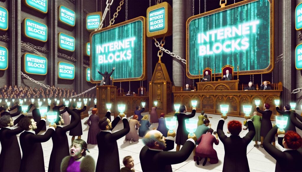 Dystopische Szene: Politiker präsentieren im Parlament Glaspokale mit dem Wort 'Netzsperren', während digitale Ketten und Vorhängeschlösser das Internet im Hintergrund einschränken. Junge Nutzer wirken frustriert.