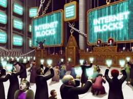 Dystopische Szene: Politiker präsentieren im Parlament Glaspokale mit dem Wort 'Netzsperren', während digitale Ketten und Vorhängeschlösser das Internet im Hintergrund einschränken. Junge Nutzer wirken frustriert.
