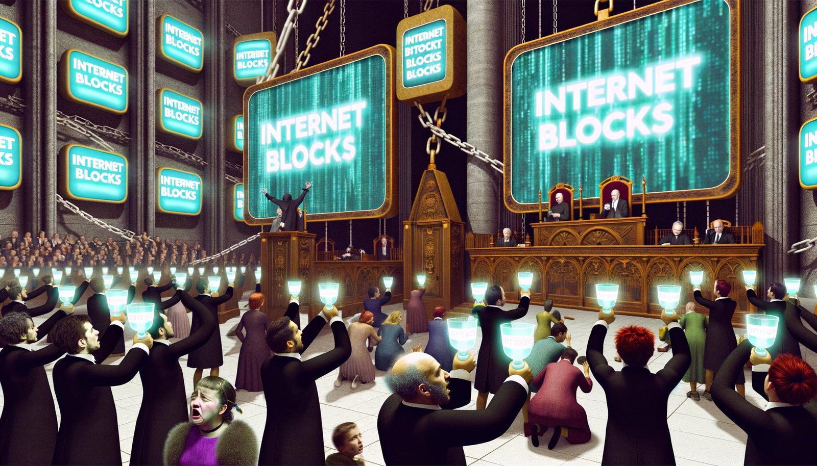 Dystopische Szene: Politiker präsentieren im Parlament Glaspokale mit dem Wort 'Netzsperren', während digitale Ketten und Vorhängeschlösser das Internet im Hintergrund einschränken. Junge Nutzer wirken frustriert.