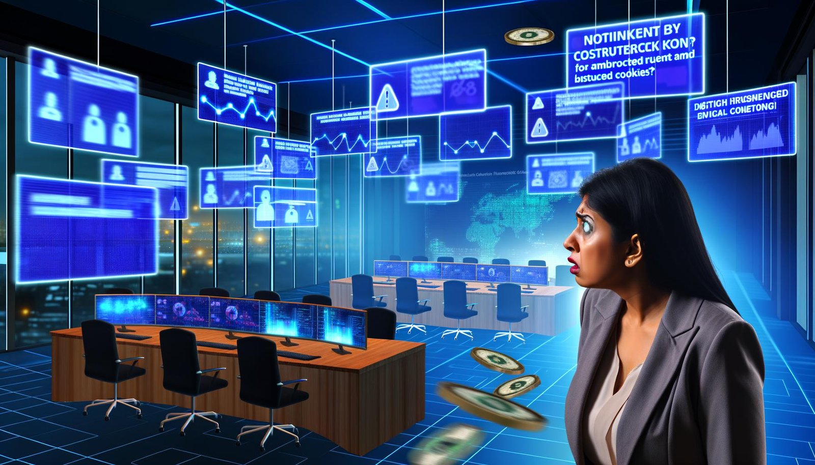 Marketer betrachtet angespannt eine Wand voll Bildschirmen mit Analytics, Datenschutzfehlern und Budgetverlust-Symbolen in einem modernen Nachtbüro.