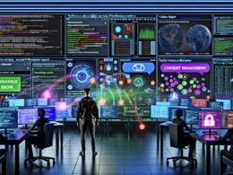 Performance Marketer in futuristischer Arbeitsumgebung mit Analyse-Dashboards, Pixel-Tags und Datenschutz-Icons