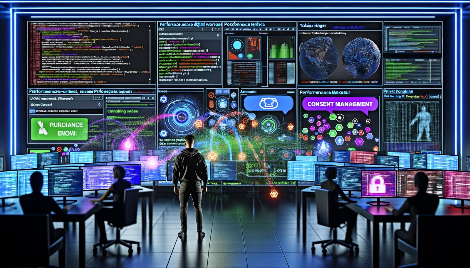 Performance Marketer in futuristischer Arbeitsumgebung mit Analyse-Dashboards, Pixel-Tags und Datenschutz-Icons