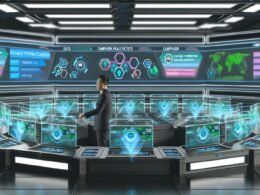 Futuristischer Kontrollraum mit Marketer, der an einer zentralen High-Tech-Konsole sitzt, umgeben von Daten-Dashboards, Plattformnamen wie Google Ads, Meta und CRM sowie Datenschutzsymbolen.