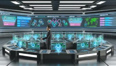 Futuristischer Kontrollraum mit Marketer, der an einer zentralen High-Tech-Konsole sitzt, umgeben von Daten-Dashboards, Plattformnamen wie Google Ads, Meta und CRM sowie Datenschutzsymbolen.